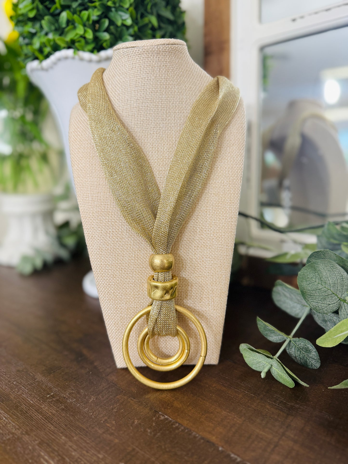 Long Golden Circle Statement Necklace