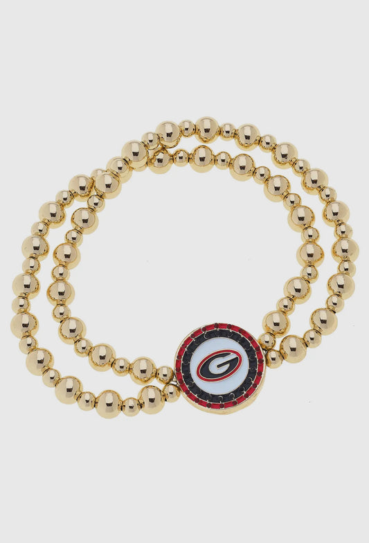 Georgia Bulldog Pave Disc 2 Row Beaded Ball Stretch Bracelet