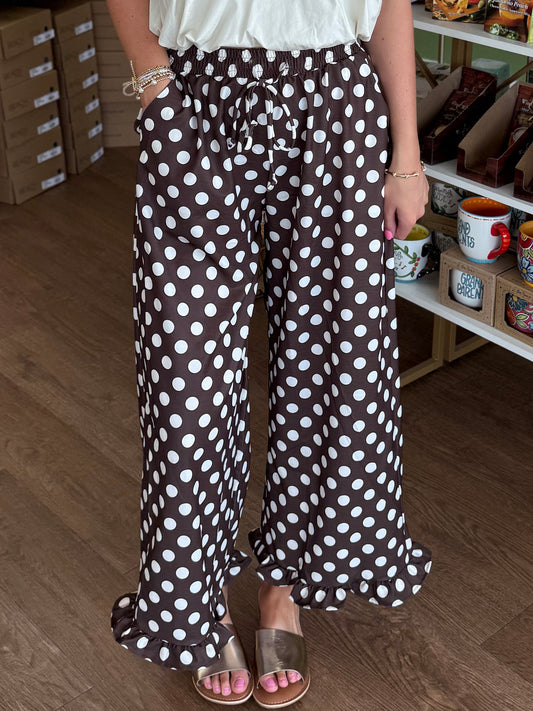 Brown & Cream Polka Do Ruffle Hem Pants-Regular/Curvy