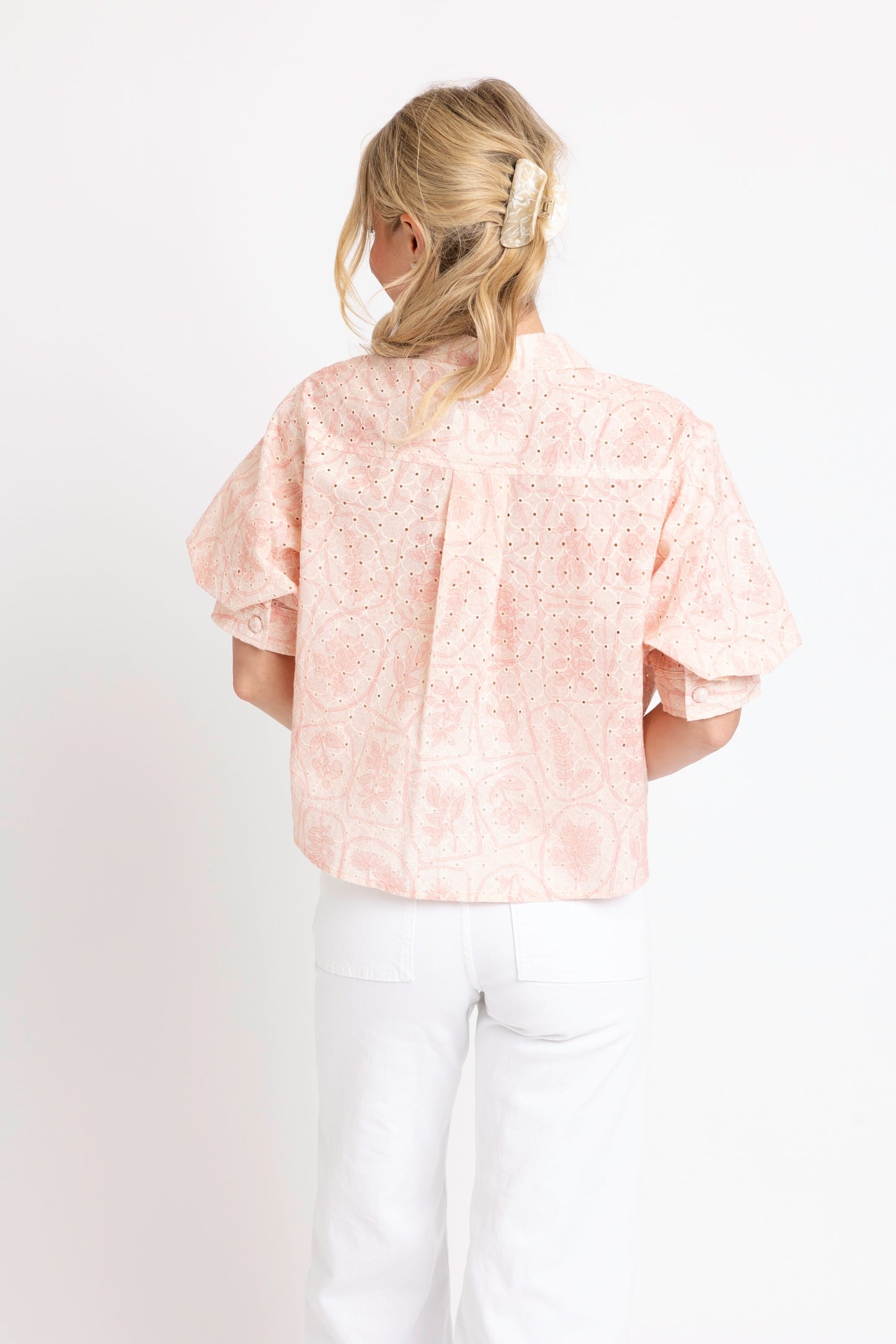 Karlie Eyelet Button Puff Sleeve Top