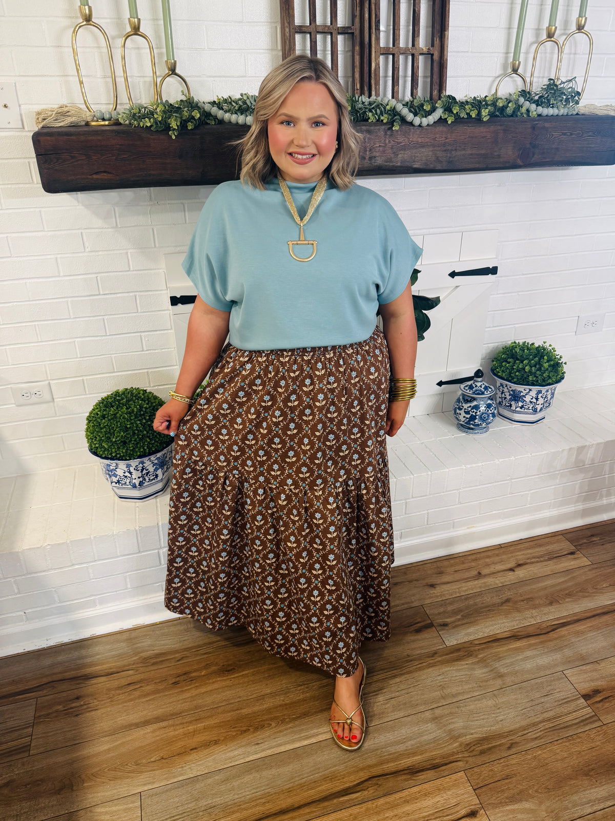 Karlie Floral Smock Tier Maxi Skirt -Brown