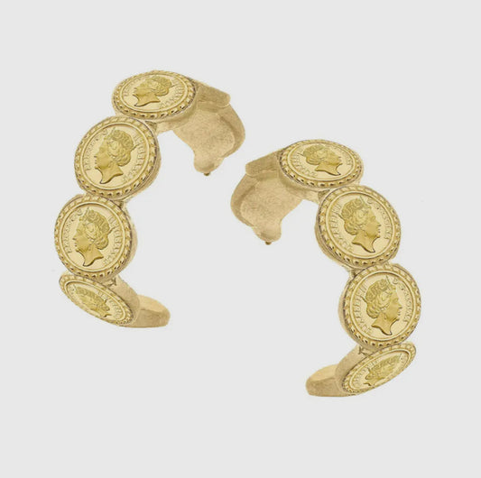 Queen Elizabeth Coin Hoops- Worn Gold