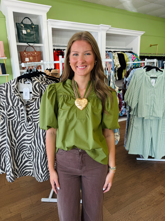 Bubble Sleeve Collared Top-Olive