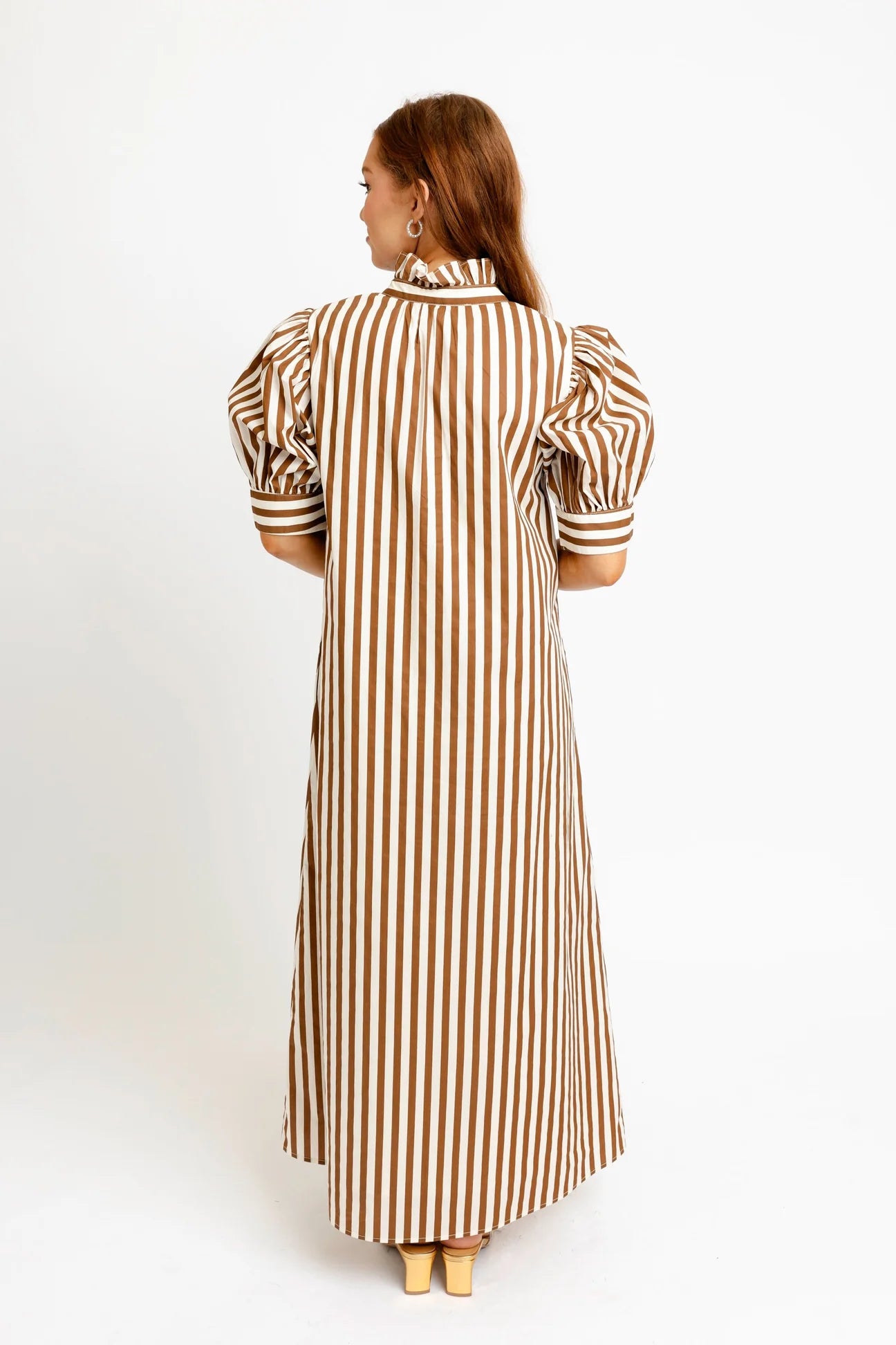 Karlie Stripe Ruffle Neck Maxi Shirt Dress