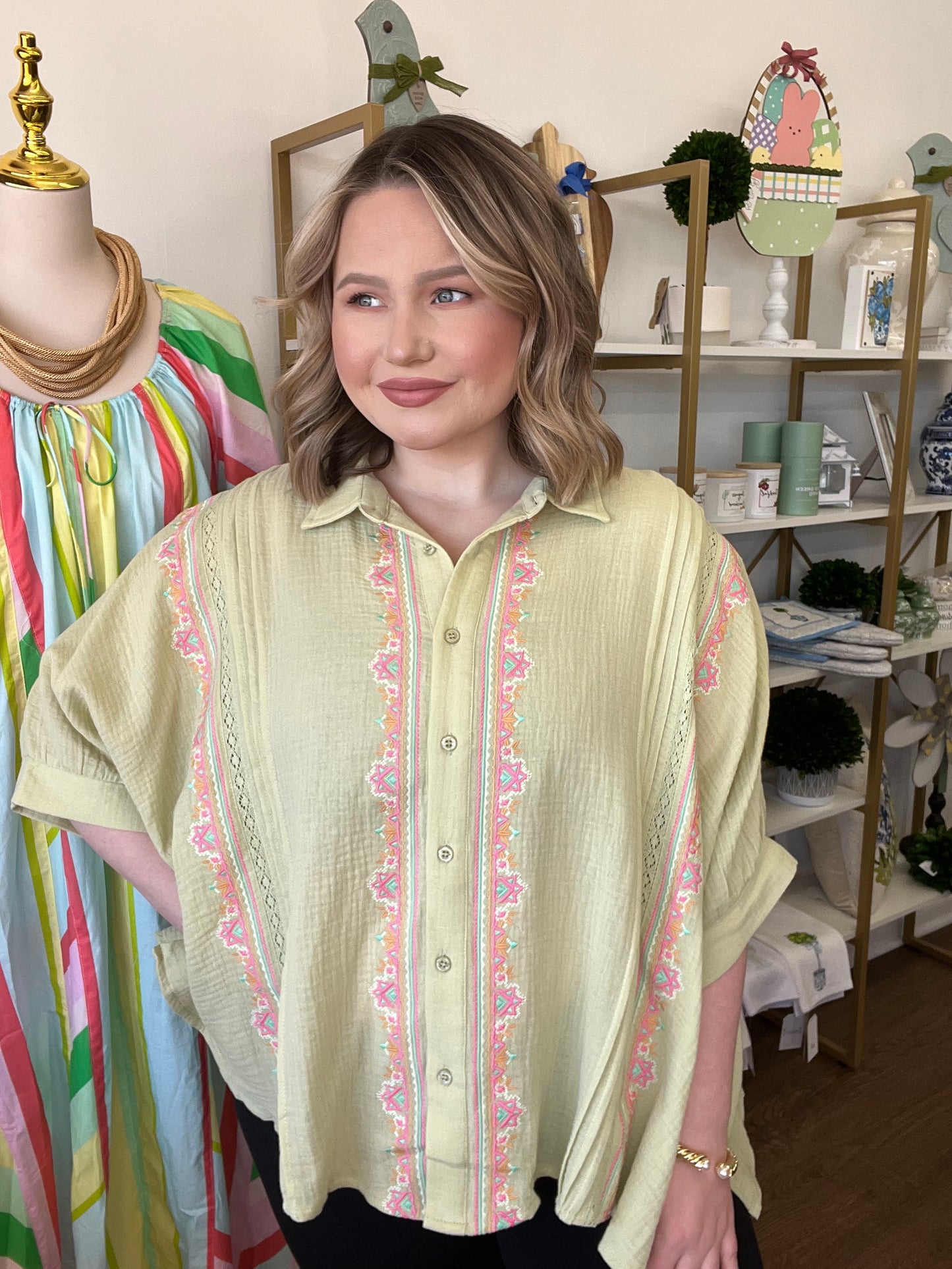 Mint Green Oversized Embroidered Gauze Top