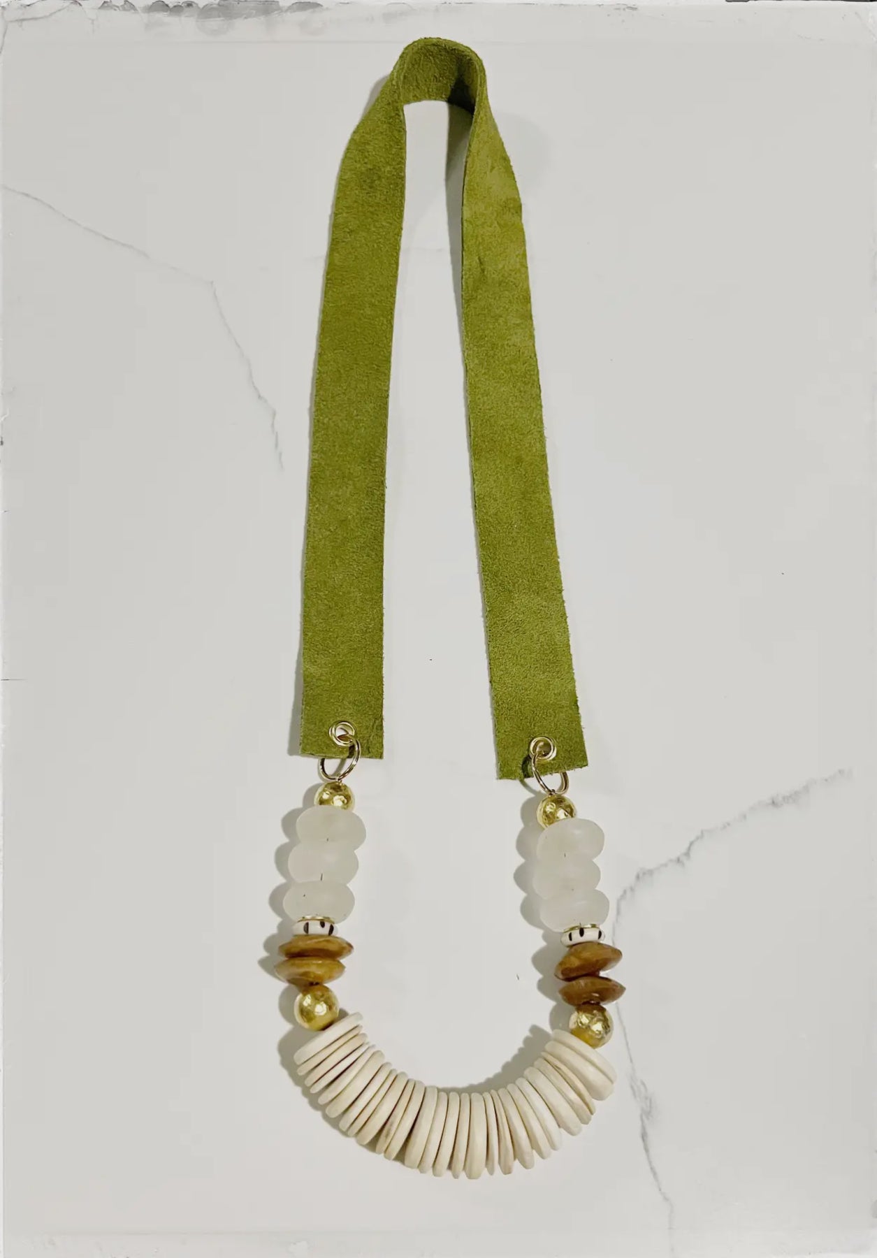 Suede Strap Necklace Bone Glass Beads- Green