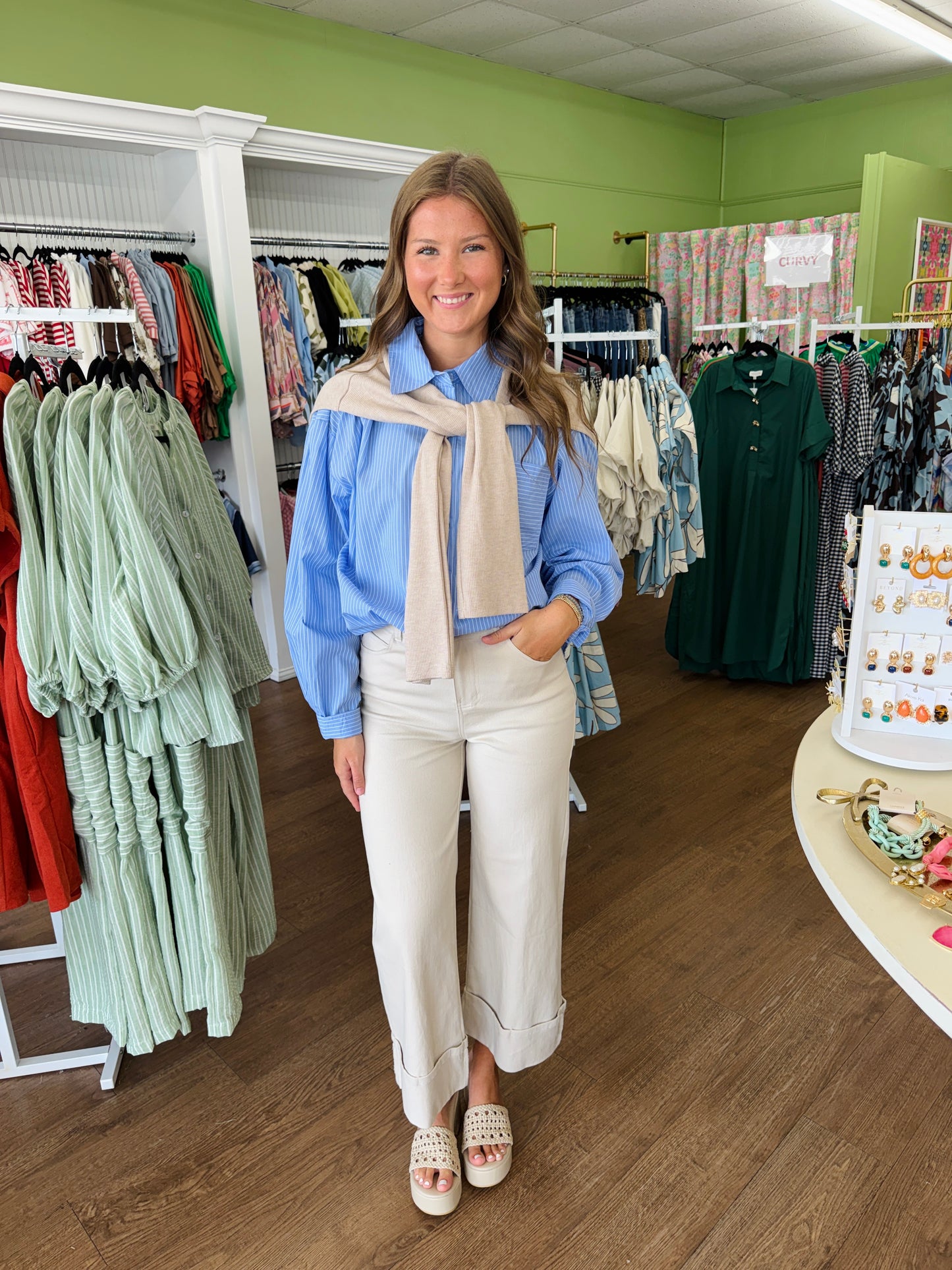 Karlie Hailey Striped Poplin Button Down with Faux Sweater