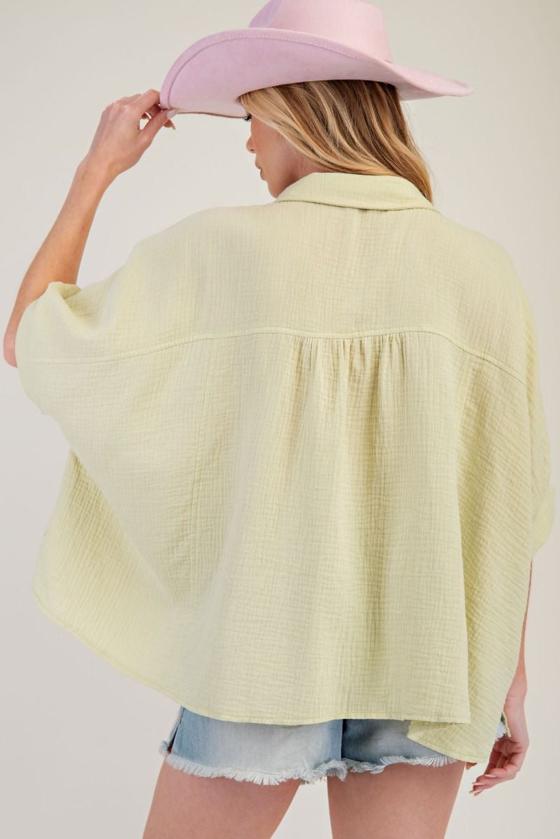 Mint Green Oversized Embroidered Gauze Top