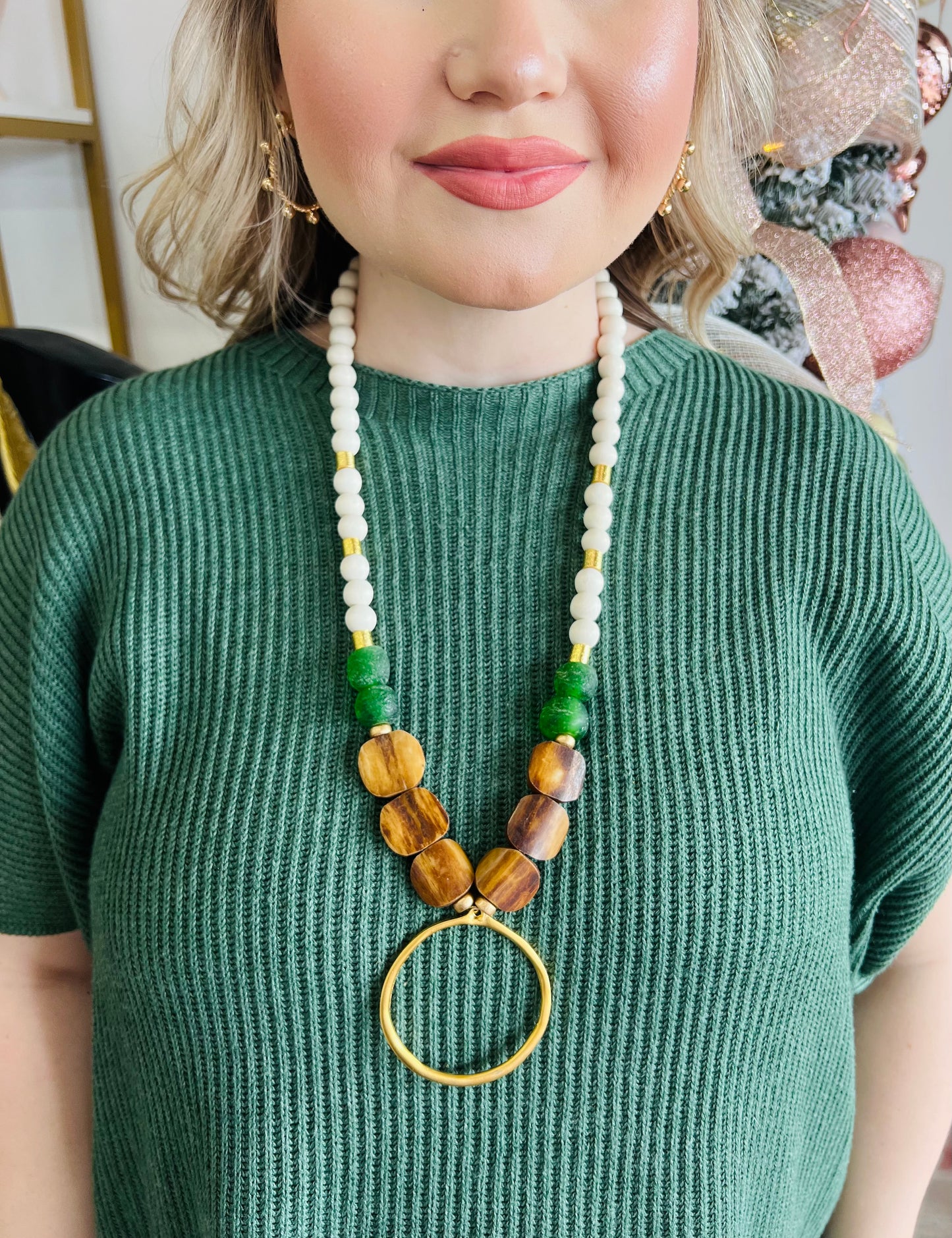 Wood Glass & Bone Bead Long Necklace Brass Pendant