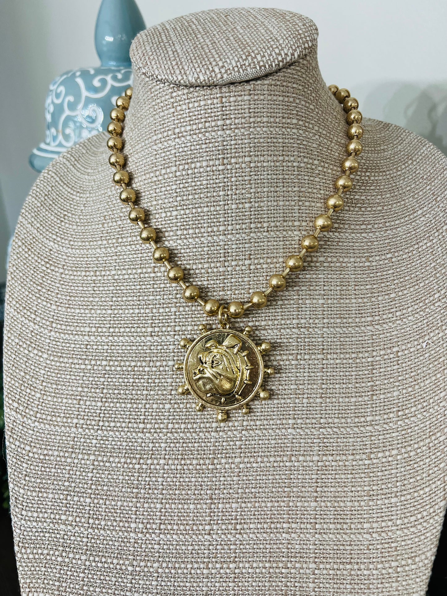 Gold GA Bulldog Face Pendant Necklace