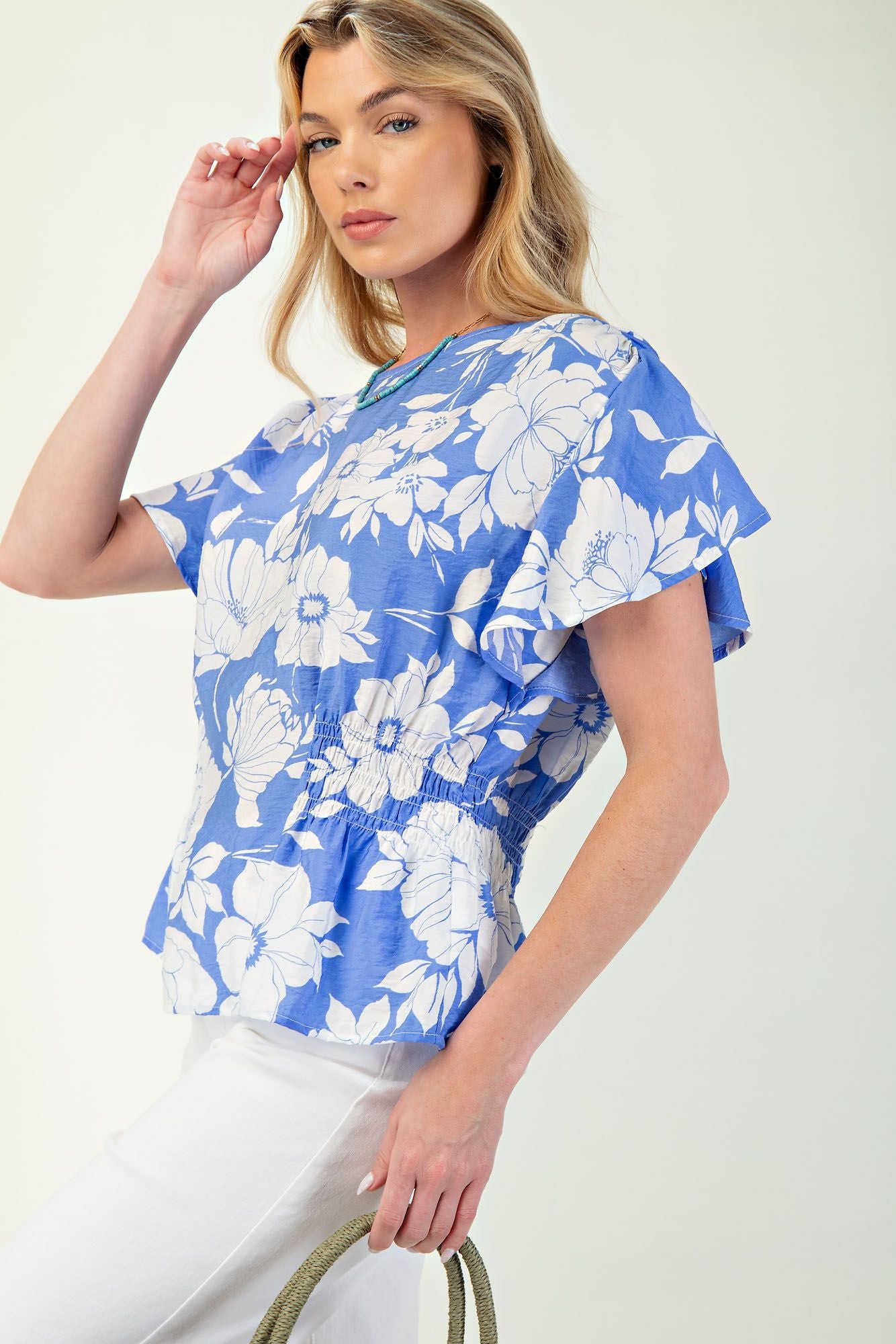 Blue and White Floral Blouse