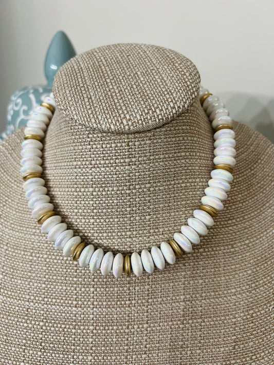 Pearly White Iridescent Disc Necklace