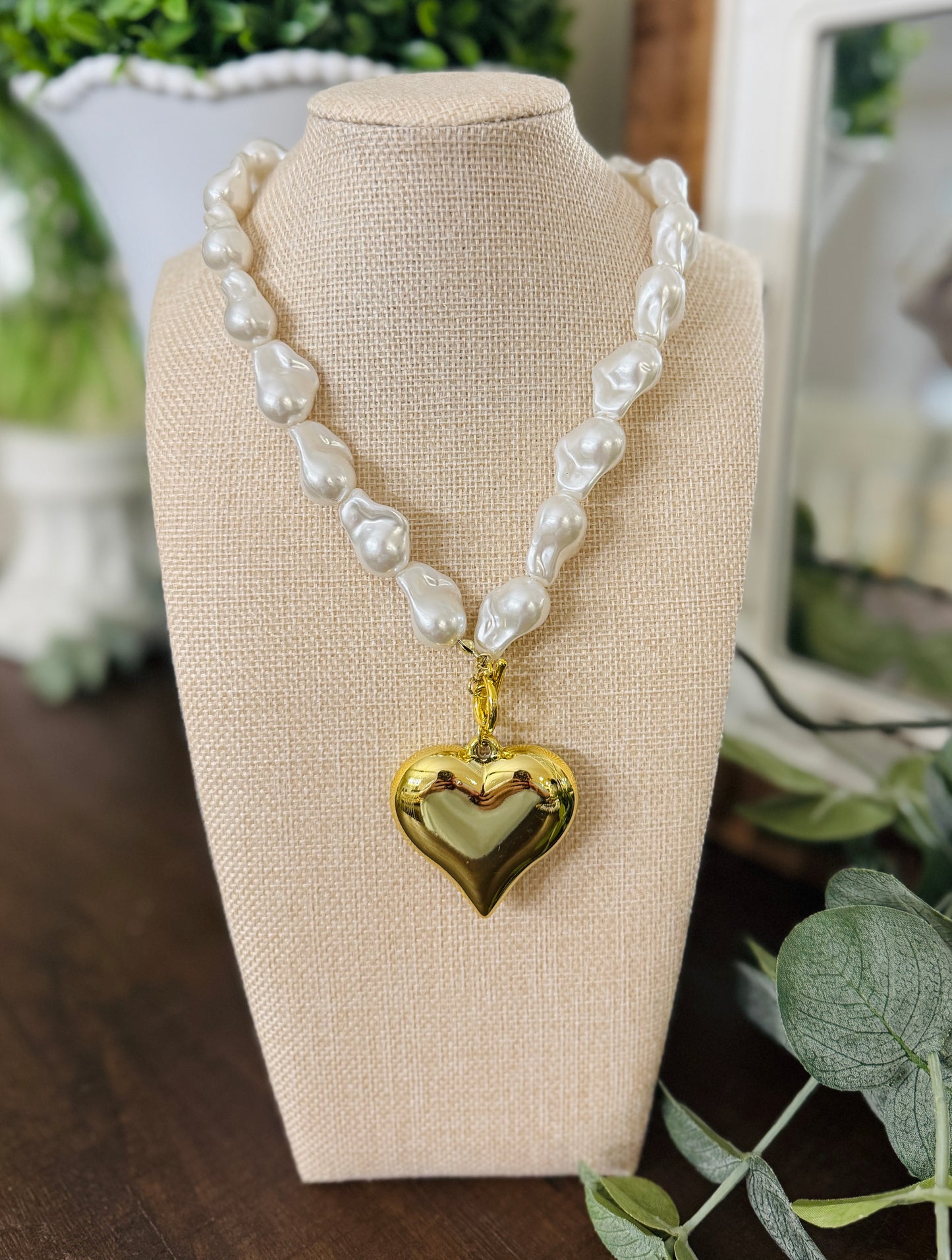 Pearly Puffy Gold Heart Necklace