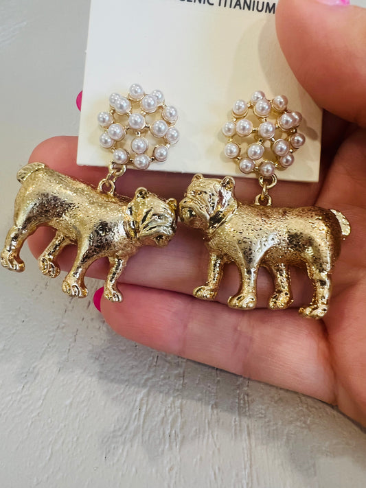 Gold Bulldog Drop Earring