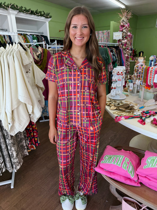 Golden Chain Short Sleeve Button Up Pajama Pant Set