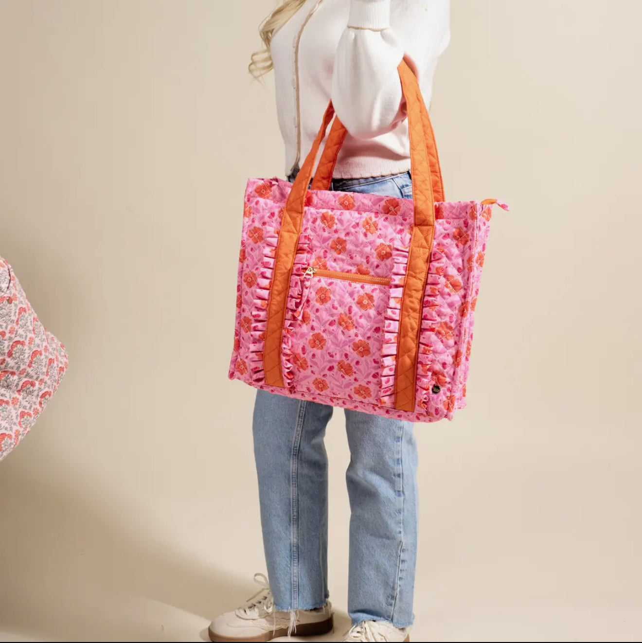 The Everyday Quilted Tote Bag- Poppin Petals Hot Pink