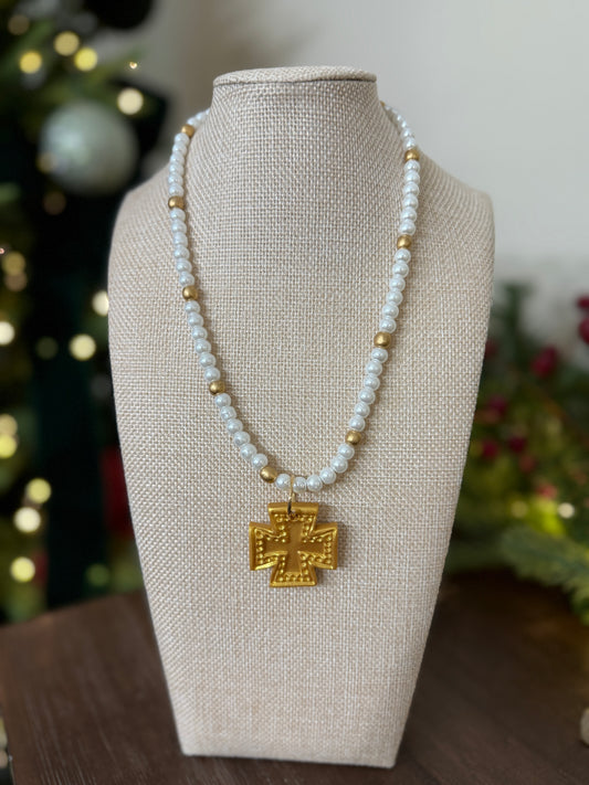 Pearls with the Elizabeth Cross Necklace