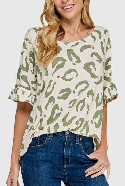 Ruffle Sage Leopard Top