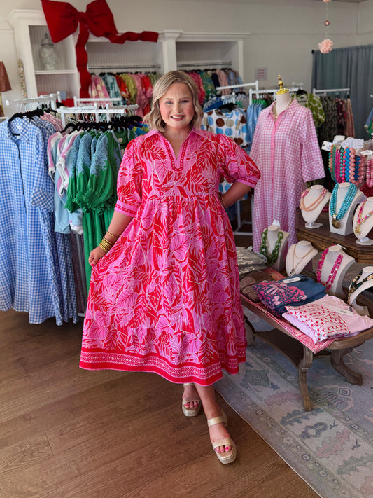 Red Leafy Border Midi Dress-CURVY