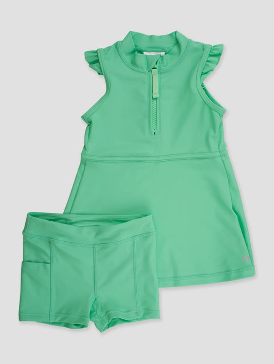Spring Bud Green Flutter Sleeve Active Dress with Biker Shorts