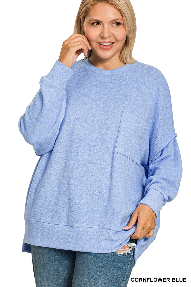 Melange Pocket Drop Shoulder Sweater PLUS-Cornflower Blue
