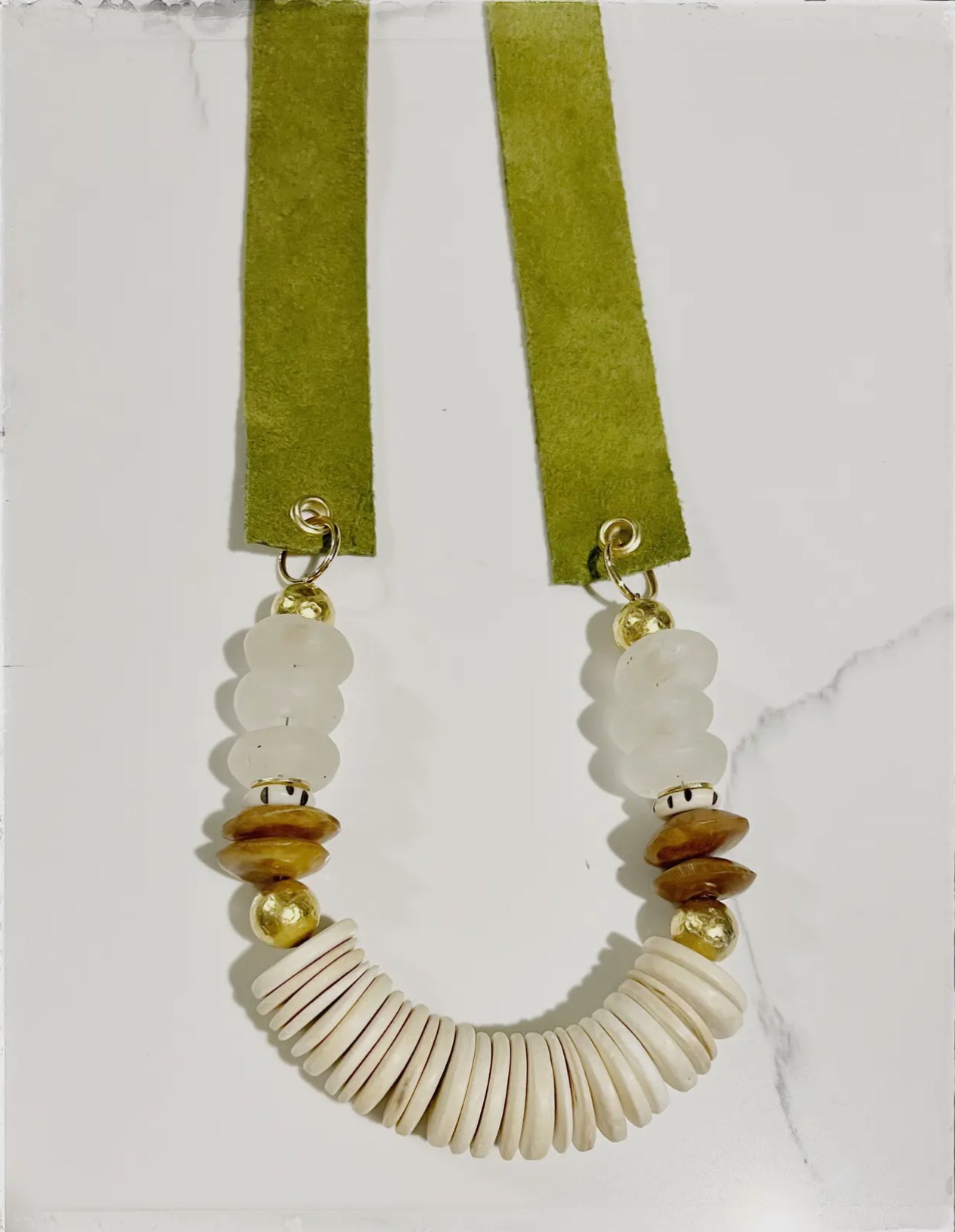 Suede Strap Necklace Bone Glass Beads- Green