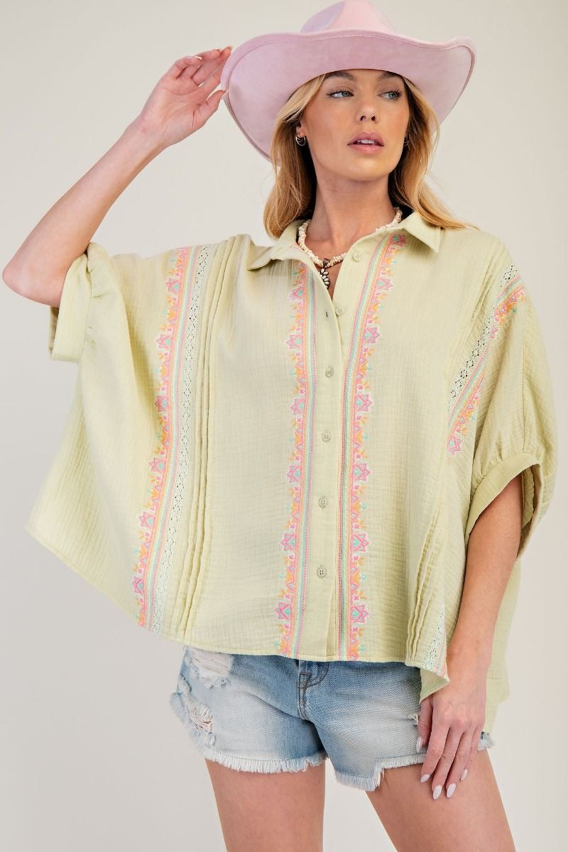 Mint Green Oversized Embroidered Gauze Top