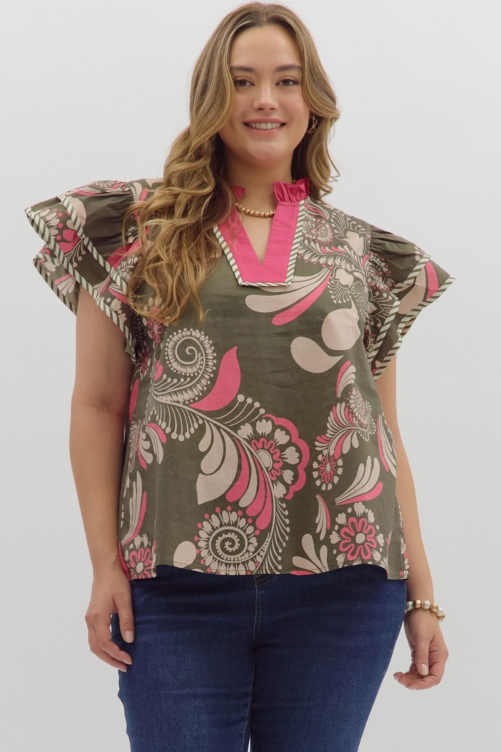 Falling Florals Top in Olive/Pink