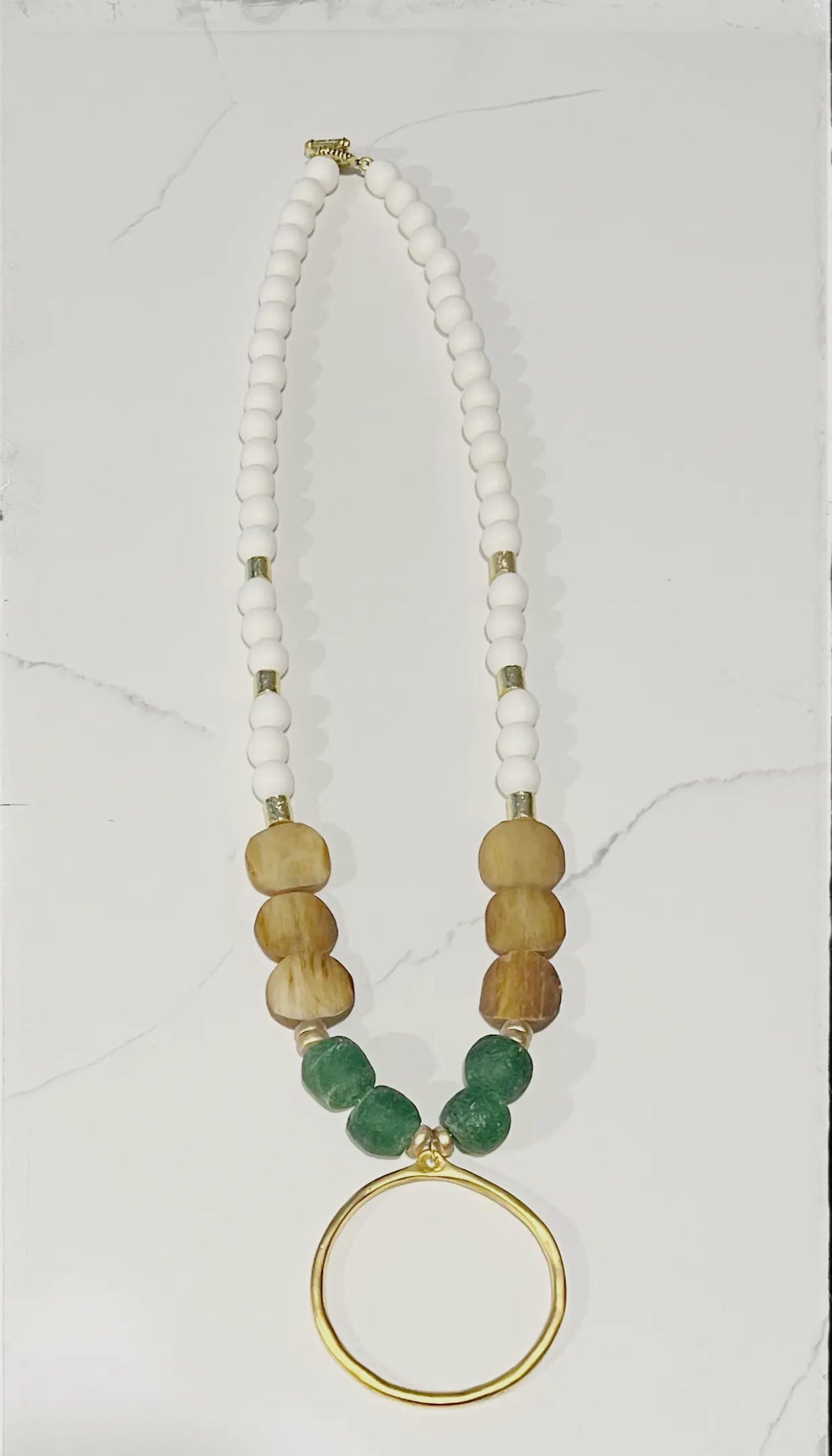 Wood Glass & Bone Bead Long Necklace Brass Pendant