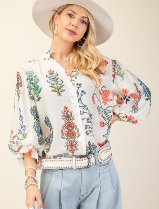 White Floral Button Down Top