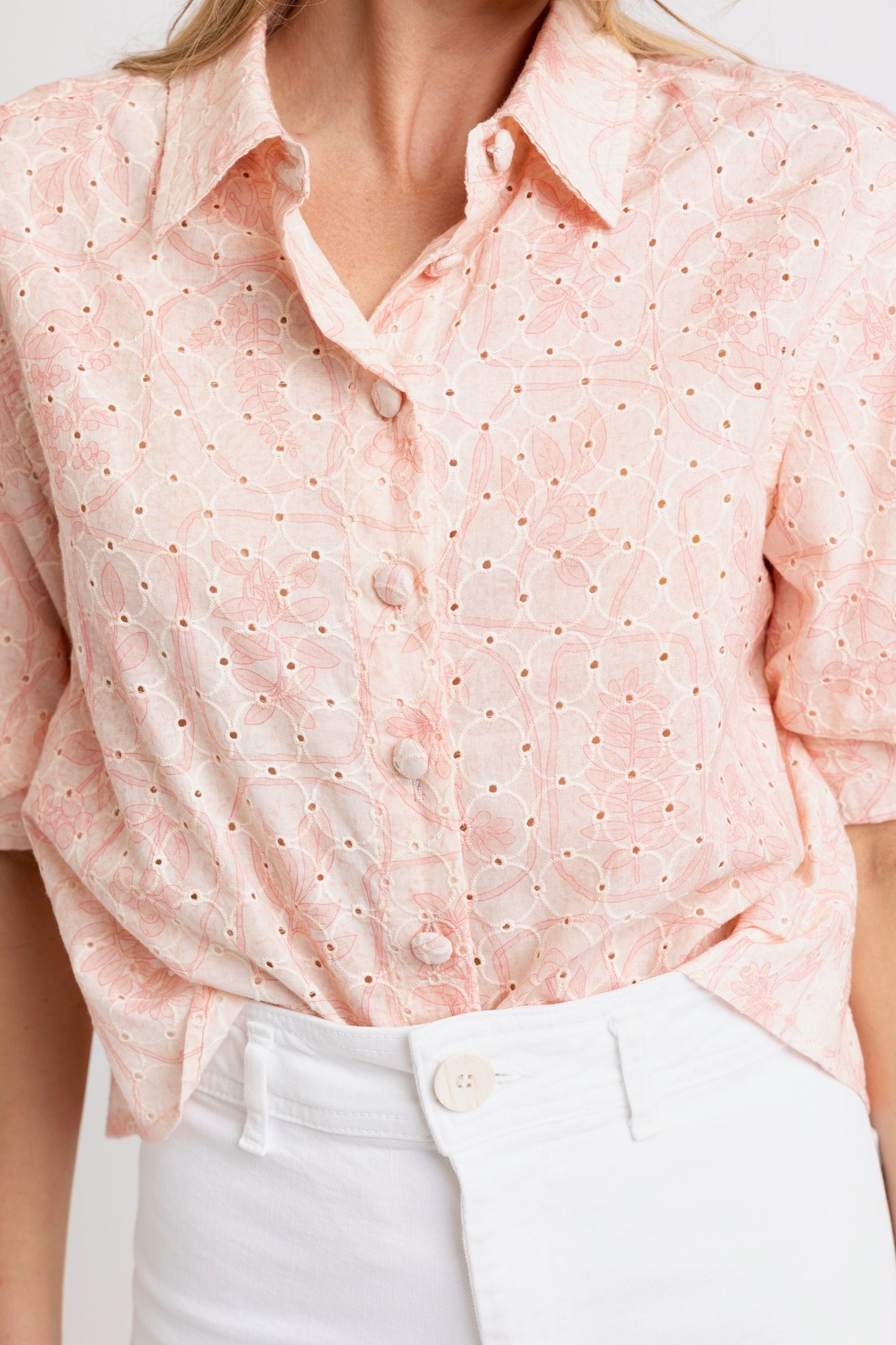Karlie Eyelet Button Puff Sleeve Top
