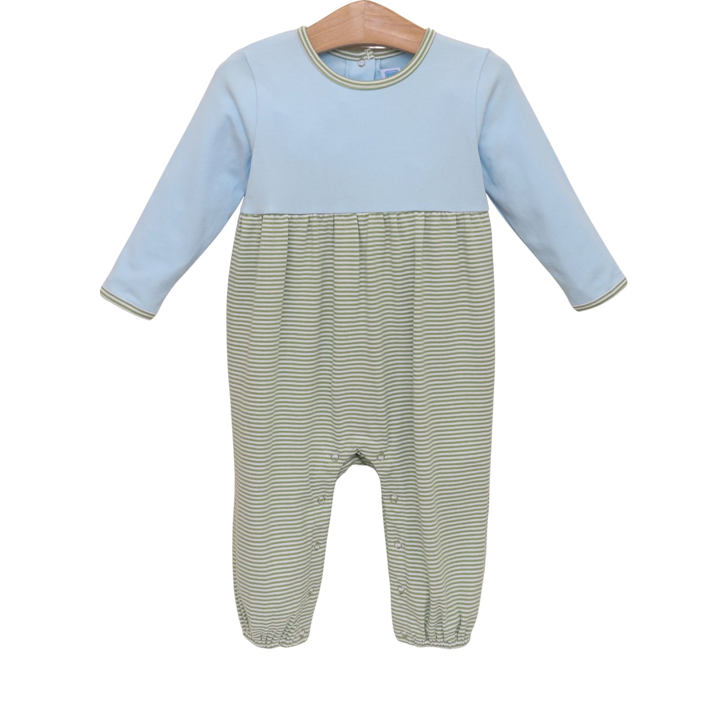 Preston Romper- Green Stripe/Light Blue