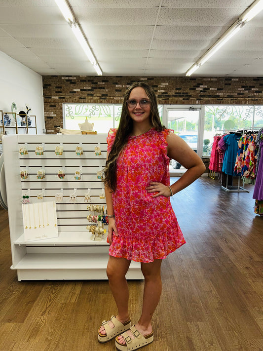 Pink & Orange Flower Print Mini Dress