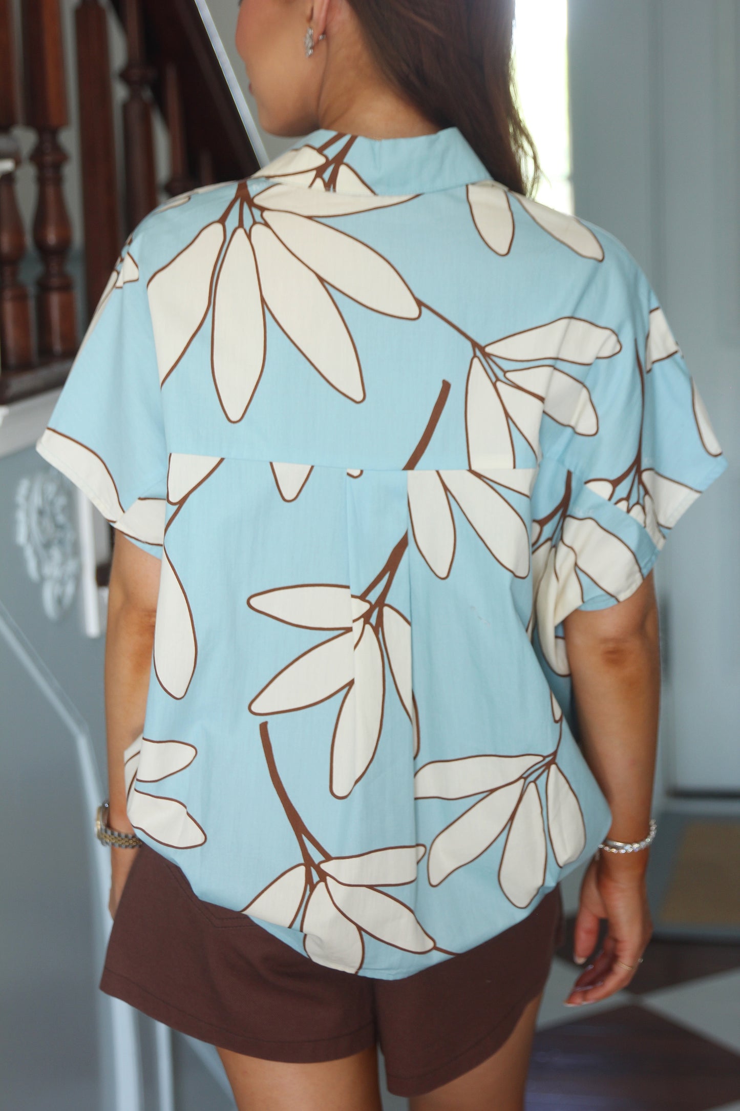Karlie Blue Palm Leaf Vneck Top