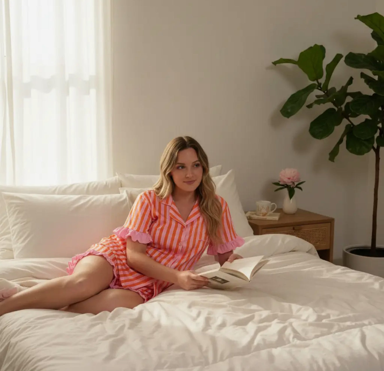 Slumber Party Pajama Short Set-Sicily Pink Stripes