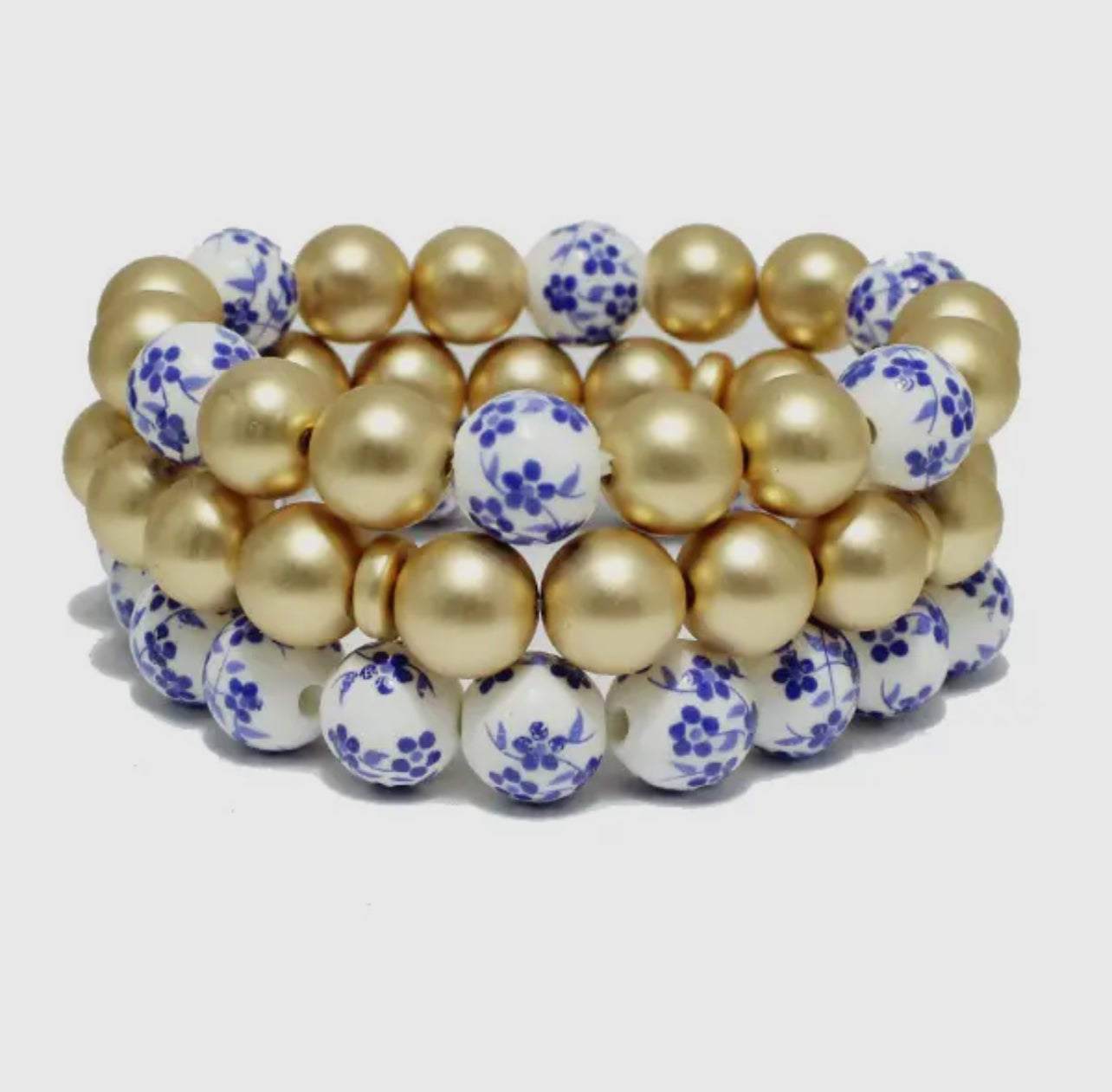 Blue & White Porcelain Ceramic Layered Stretch Bracelet- Gold