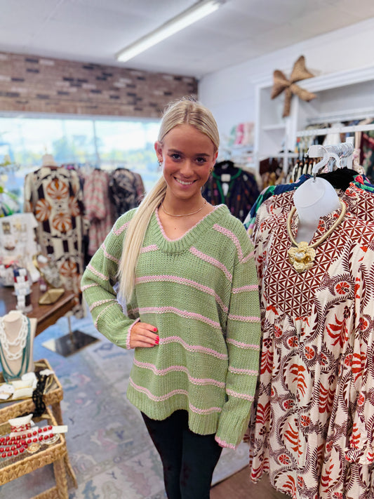 Sage Striped Knit Sweater