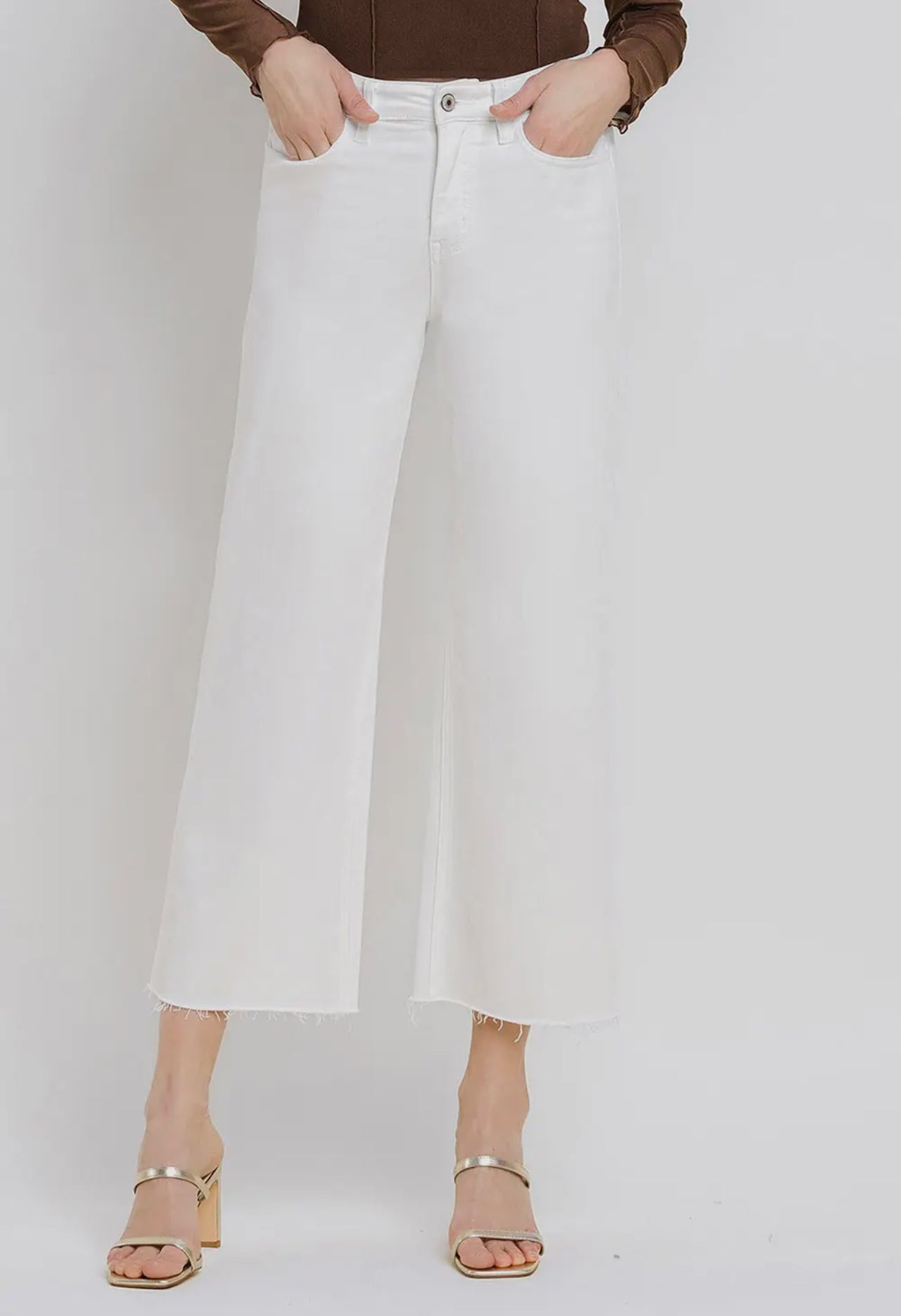 Vervet High Rise Clean Cut Raw Hem Cropped Wide Leg Jeans- White