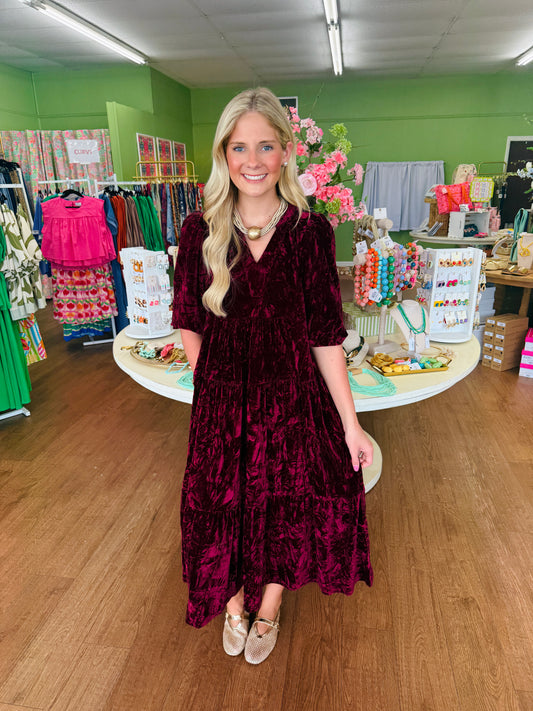 Wine Velvet Tiered Midi Dress