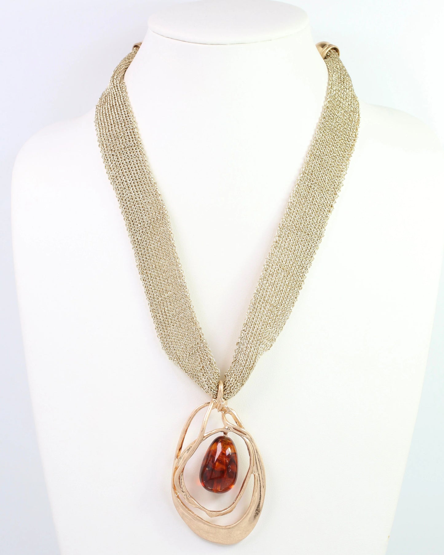 Powe Mesh and Stone Pendant Necklace WR Worn Gold