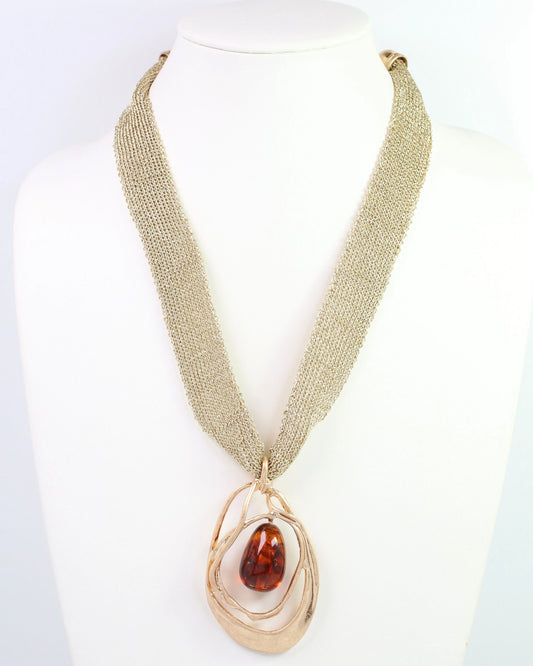 Powe Mesh and Stone Pendant Necklace WR Worn Gold