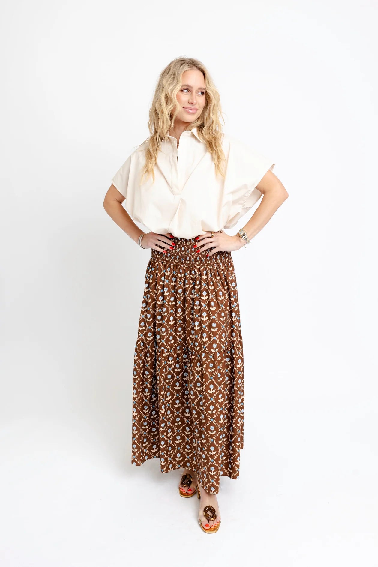 Karlie Floral Smock Tier Maxi Skirt -Brown