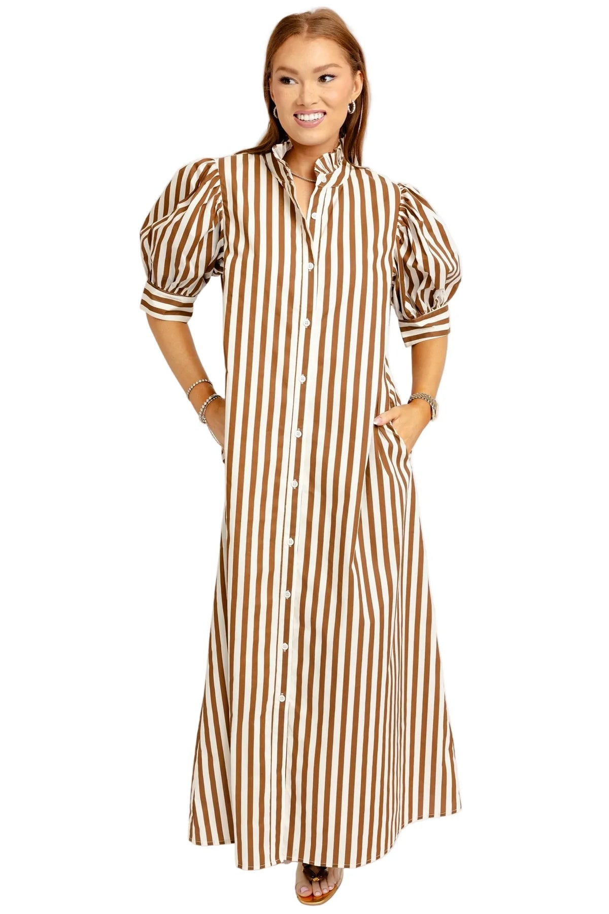 Karlie Stripe Ruffle Neck Maxi Shirt Dress