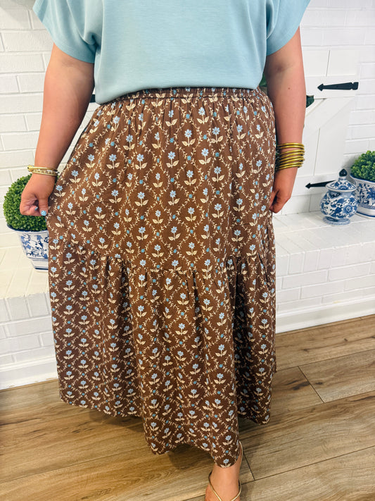 Karlie Floral Smock Tier Maxi Skirt -Brown