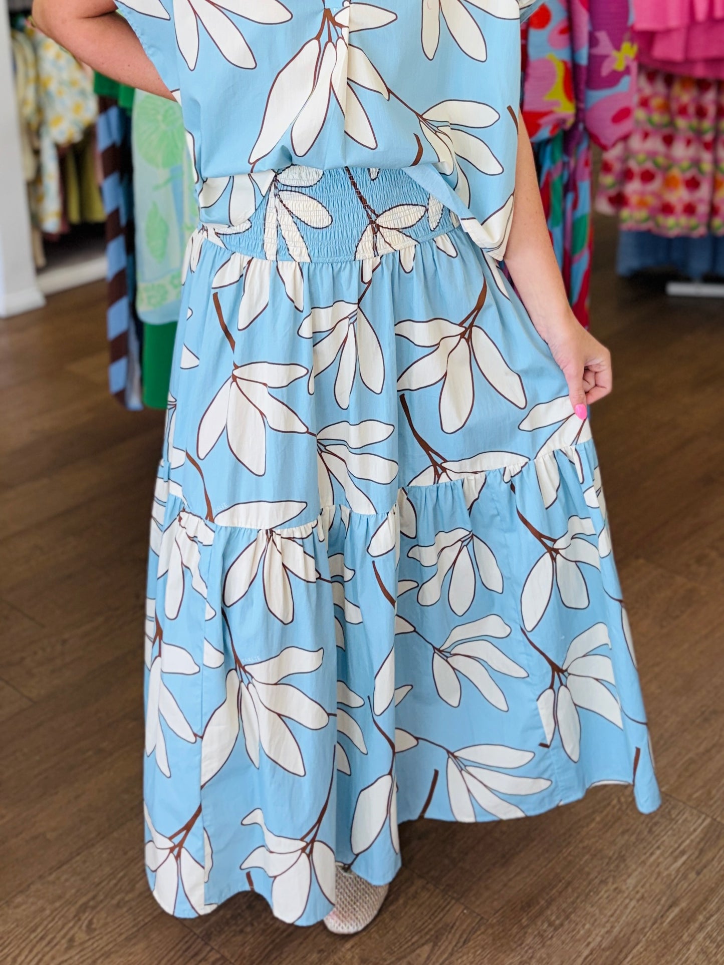 Karlie Blue Palm Leaf Maxi Skirt