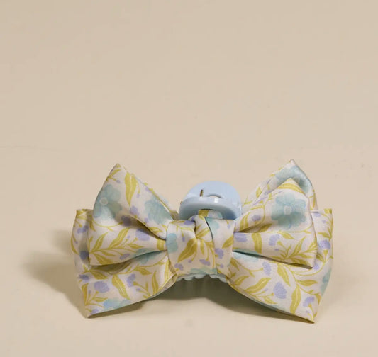 Mini Satin Bow Claw Clip- Poppin Petals Aqua