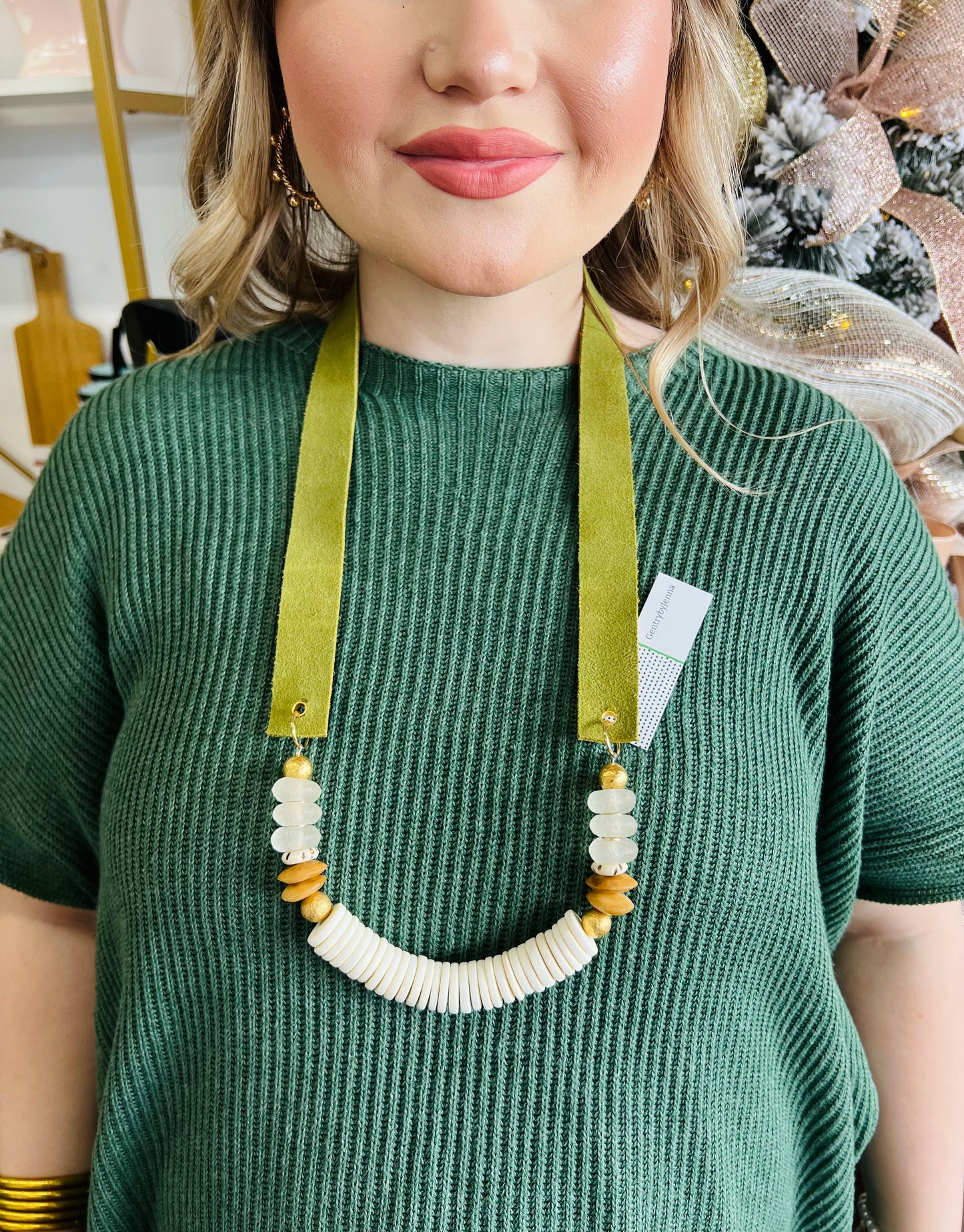 Suede Strap Necklace Bone Glass Beads- Green