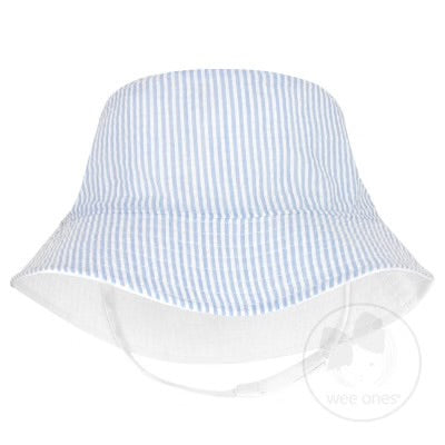 WeeOnes Reversible Bucket Hat with Straps - Light Blue Seersucker