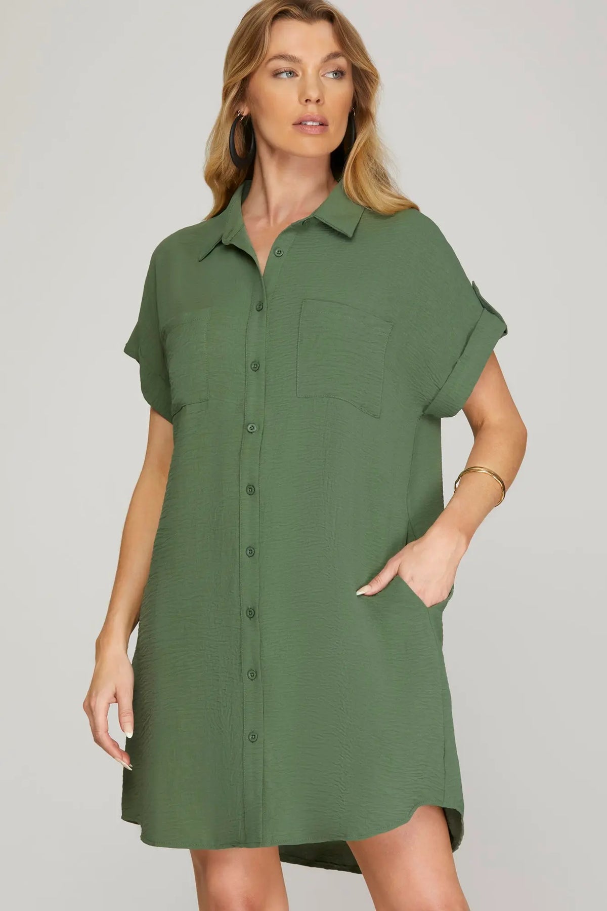Olive Button Down Shirt Dress