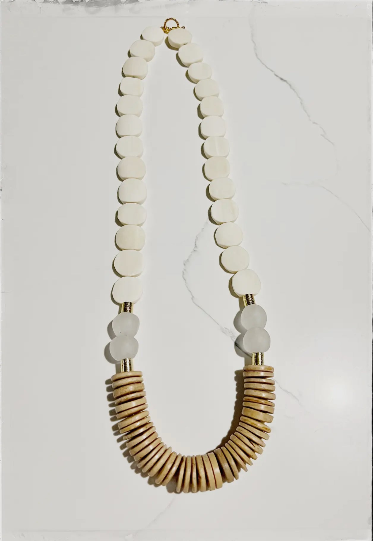 White African Bone Flat Bead Long Statement Necklace